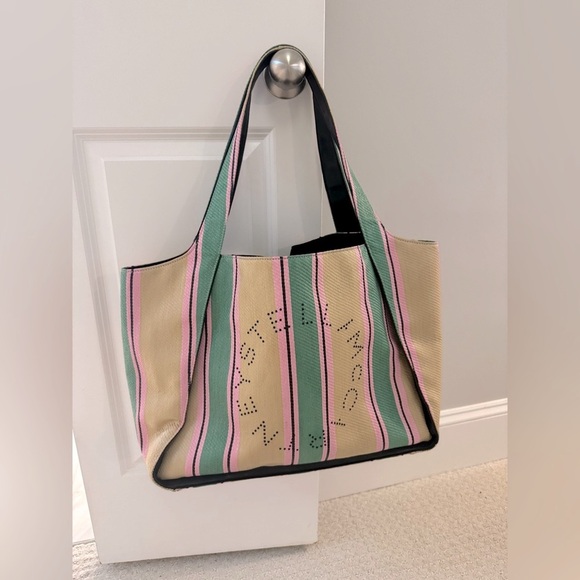 Stella McCartney Large Logo Striped Tote Bag Womens TanGreen Pink Black interior - Picture 14 of 15